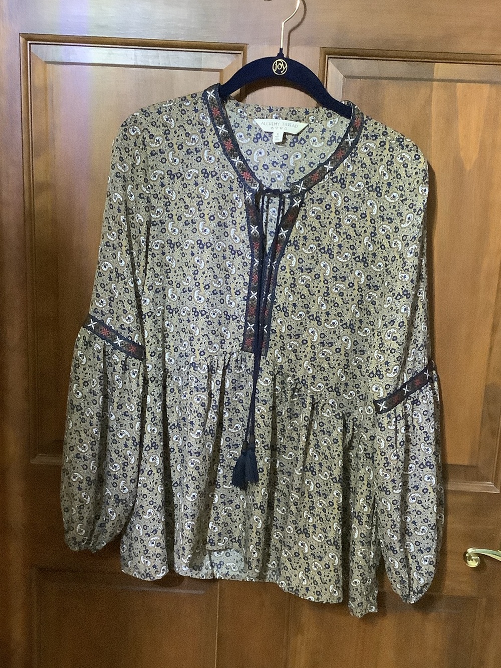 Bohemian Tie-Front Peasant Tunic in Tan Floral